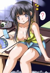 Rule 34 | 10s, 1girl, :o, ?, ^^^, aiura, areola slip, arm support, bare shoulders, black hair, blunt bangs, blush, breasts, camisole, cellphone, cleavage, clueless, downblouse, drawstring, grey eyes, hair ribbon, hand fan, holding, large breasts, leaning forward, light rays, long hair, looking at viewer, low ponytail, no bra, open door, open mouth, outdoors, paper fan, phone, ponytail, ribbon, shadow, short shorts, shorts, shouji, sidelocks, sitting, sliding doors, smoke, solo, speech bubble, sunbeam, sunlight, surprised, tank top, tatami, tsuzuri (tuzuri), uchiwa, uehara ayuko, veranda
