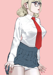 Rule 34 | 1girl, arms at sides, black-framed eyewear, black skirt, blonde hair, breasts, brown eyes, clothes lift, collared shirt, cowboy shot, double bun, glasses, hair bun, high-waist skirt, highres, inamitsu shinji, lips, long hair, long sleeves, looking afar, medium breasts, nail polish, necktie, original, paid reward available, panties, panty pull, parted lips, pink background, pink nails, pulling own clothes, red necktie, school uniform, shirt, shirt tucked in, simple background, skirt, skirt lift, sleeves past wrists, solo, standing, underwear, white panties, white shirt, wing collar
