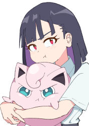 Rule 34 | 1girl, :t, absurdres, black hair, blunt bangs, blunt ends, bob cut, closed mouth, colored inner hair, commentary, creatures (company), crossover, do it yourself!!, dress shirt, frown, game freak, gen 1 pokemon, green necktie, highres, holding, holding pokemon, jigglypuff, looking at viewer, multicolored hair, nagumo uka, necktie, nintendo, pokemon, pokemon (creature), purple hair, shirt, short hair, short sleeves, simple background, solo, standing, suride miku, upper body, v-shaped eyebrows, white background