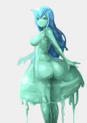 Rule 34 | 1girl, ass, back, blue hair, breasts, closed mouth, colored skin, commentary request, dripping, from behind, green eyes, green skin, grey background, hair between eyes, highres, legs together, long hair, looking at viewer, looking back, medium breasts, monster girl, no nipples, nude, ohako (ohako1818), original, outstretched arm, see-through, shiny skin, simple background, slime girl, smile, solo, standing, twisted torso