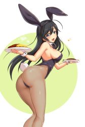 Rule 34 | 10s, 1girl, :d, ahoge, animal ears, ass, bare shoulders, black hair, blue eyes, blush, bow, bowtie, breasts, detached collar, fake animal ears, fishnet pantyhose, fishnets, food, girls und panzer, hamburger steak, highres, icomochi, isuzu hana, large breasts, leotard, long hair, looking at viewer, looking back, medium breasts, musical note, omelet, omurice, open mouth, pantyhose, playboy bunny, rabbit ears, rabbit tail, shiny clothes, sideboob, smile, solo, tail, wrist cuffs