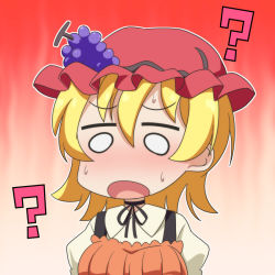 Rule 34 | 1girl, :o, ?, aki minoriko, blonde hair, blush, cato (monocatienus), chibi, commentary, food, fruit, grapes, hair between eyes, hat, mob cap, neck ribbon, o o, outline, puffy sleeves, red hat, ribbon, short hair, simple background, solo, sweat, touhou, upper body, white outline