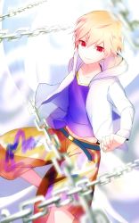 Rule 34 | 1boy, blonde hair, blue shirt, brown shorts, cellophane (02), chain, child gilgamesh (fate), collarbone, fate/hollow ataraxia, fate (series), gilgamesh (fate), hair between eyes, highres, male focus, navel, red eyes, shirt, shorts, smile, solo
