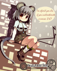 Rule 34 | 1girl, animal ears, dowsing rod, drowsing rods, english text, engrish text, female focus, full body, grey hair, hebereke black, highres, jewelry, mouse ears, mouse tail, nazrin, orange eyes, pendant, ranguage, shoes, short hair, sitting, solo, tail, touhou