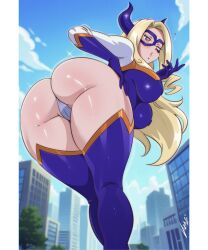 1girl artist_name ass blonde_hair blowing_kiss blue_gloves blue_horns blue_leotard blue_mask blue_sky blue_thighhighs boku_no_hero_academia border breasts cameltoe city covered_erect_nipples day eye_mask feet_out_of_frame from_behind giant giantess gloves hand_on_own_hip highres horns large_breasts leotard long_hair long_sleeves looking_at_viewer looking_back mount_lady one_eye_closed pillarboxed purple_eyes sky solo thighhighs two-tone_leotard vizaz white_border white_leotard white_sleeves