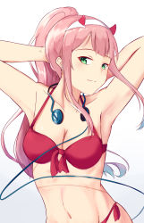 Rule 34 | 10s, 1girl, absurdres, alternate hairstyle, arm behind head, armpits, arms up, bare arms, bare shoulders, bikini, blue hair, breasts, cleavage, closed mouth, collarbone, color1087, darling in the franxx, front-tie bikini top, front-tie top, gradient background, gradient hair, green eyes, grey background, halterneck, headphones, headphones around neck, high ponytail, highres, horns, light smile, long hair, looking at viewer, medium breasts, multicolored hair, navel, pink hair, ponytail, red bikini, side-tie bikini bottom, sidelocks, solo, swimsuit, upper body, very long hair, white background, zero two (darling in the franxx)