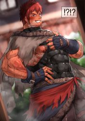 Rule 34 | 1boy, abs, arm hair, bara, beard, bellsaltr, blurry, blurry background, bodysuit, cape, clothes pull, facial hair, fingerless gloves, frown, gloves, hairy, hand on own hip, highres, kanji, large pectorals, long sideburns, looking at viewer, male focus, manly, mature male, muscular, muscular male, nipples, original, pants, pectorals, red eyes, red hair, shirt pull, sideburns, sidepec, skirt, sleeveless, smirk, solo, spiked hair, stubble, sweat, sweatdrop, tan, teeth, thick arms, thick eyebrows, tight clothes, tongue, torn clothes, turtleneck