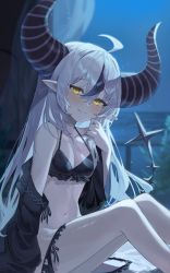 Rule 34 | 1girl, absurdres, ahoge, bikini, black bikini, black jacket, breasts, closed mouth, demon horns, grey hair, hair between eyes, halterneck, highres, hololive, horns, jacket, kabedoru, knees up, la+ darknesss, long hair, looking at viewer, navel, night, off shoulder, open clothes, open jacket, outdoors, pointy ears, purple hair, sitting, small breasts, smile, solo, swimsuit, tail, very long hair, virtual youtuber, yellow eyes