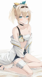 Rule 34 | 1girl, bare shoulders, between legs, bikini, black choker, black footwear, black hairband, black shorts, blonde hair, breasts, choker, cleavage, collarbone, commentary request, drawstring, hairband, hand between legs, highres, hololive, jacket, kazama iroha, looking at viewer, off shoulder, open clothes, open jacket, parted lips, ponytail, sandals, shallow water, short shorts, shorts, simple background, sitting, small breasts, smile, solo, strapless, strapless bikini, swimsuit, virtual youtuber, water, white background, white bikini, white jacket, yokozuwari, yuzu-aki
