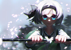 Rule 34 | 1girl, absurdres, black hairband, black necktie, black ribbon, blue eyes, blunt bangs, blurry, blurry background, closed mouth, collared shirt, commentary request, flat chest, glint, green vest, hair ribbon, hairband, highres, holding, holding sword, holding weapon, katana, konpaku youmu, looking at viewer, medium bangs, motion blur, necktie, petals, pink pupils, ribbon, scabbard, serious, sheath, shirt, short hair, solo, sotatsudraw, sword, touhou, unsheathing, upper body, v-shaped eyebrows, vest, weapon, white hair, white shirt