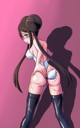 Rule 34 | 1girl, absurdres, against wall, alternate costume, anal, anal object insertion, anal tail, ass, bare shoulders, black thighhighs, blue eyes, blush, breasts, brown hair, butt plug, clothing aside, creatures (company), double bun, embarrassed, fake tail, female focus, from behind, game freak, hair bun, highres, leotard, leotard aside, long hair, looking at viewer, looking back, medium breasts, nintendo, object insertion, open mouth, pink background, pokemon, pokemon bw2, presenting, pussy, rabbit tail, rosa (pokemon), sex toy, shiny clothes, shiny skin, shougun (chuckni1), sideways mouth, simple background, skindentation, solo, spread legs, standing, strapless, strapless leotard, tail, tears, thighhighs, torn clothes, twintails, uncensored, very long hair, whip marks, white leotard