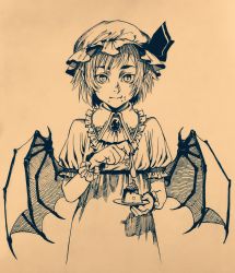 Rule 34 | bat wings, brooch, cuffs, dress, eating, eyebrows hidden by hair, food, frilled dress, frills, graphite (medium), hat, hat ribbon, highres, jewelry, mob cap, plate, pointy ears, pudding, remilia scarlet, ribbon, sendai (nazonomono), slit pupils, solo, spoon, thick eyebrows, touhou, traditional media, vampire, wings