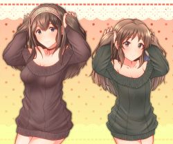 Rule 34 | 10s, 2girls, absurdres, arms up, bare shoulders, black sweater, blue eyes, blush, bow, breasts, brown eyes, brown hair, brown sweater, choker, cleavage, collarbone, commentary request, gradient background, hair bow, hairband, highres, holding, holding hair, idolmaster, idolmaster cinderella girls, keffiy, long hair, looking at viewer, medium breasts, multiple girls, off shoulder, orange background, polka dot, polka dot background, ribbed sweater, sagisawa fumika, sidelocks, small breasts, smile, sweater, tachibana arisu, thighs, twintails, wide collar