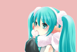 Rule 34 | 1girl, aqua eyes, aqua hair, bare shoulders, blush, food, fumii, fummy, fur, hairband, hatsune miku, holding, ice, licking, long hair, looking at viewer, melting, momicco, open mouth, pink background, popsicle, simple background, sleeves past wrists, solo, twintails, upper body, vocaloid, wide hips