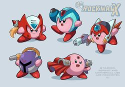 Rule 34 | 6+boys, arm cannon, axl (mega man), axl (mega man) (cosplay), blonde hair, blue eyes, cape, commentary request, copy ability, cosplay, crossover, english text, evil smile, frown, gun, helmet, highres, holding, holding gun, holding weapon, kirby, kirby (series), male focus, mega man (series), x (mega man), mega man x (series), multiple boys, nintendo, red footwear, sigma (mega man), sigma (mega man) (cosplay), simple background, smile, tanaka (is2 p), vile (mega man), vile (mega man) (cosplay), weapon, x (mega man) (cosplay), z saber, zero (mega man), zero (mega man) (cosplay)