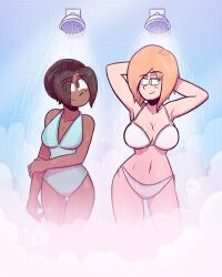 Rule 34 | 2girls, arms up, bikini, blonde hair, blue eyes, blue one-piece swimsuit, breasts, brown eyes, closed mouth, commentary, dark-skinned female, dark skin, dev (sam &amp; fuzzy), english commentary, highres, jess (sam &amp; fuzzy), looking at another, medium breasts, multiple girls, one-piece swimsuit, original, sam &amp; fuzzy, sam logan, short hair, shower (place), shower head, showering, smile, standing, swimsuit, toon (style), very dark skin, white bikini