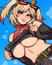 Rule 34 | 1girl, :p, akairiot, bare shoulders, blonde hair, blush, breasts, burnice white, clothes lift, crop top, head tilt, highres, large breasts, looking at viewer, open mouth, red eyes, shirt lift, smile, solo, tongue, tongue out, underboob, zenless zone zero