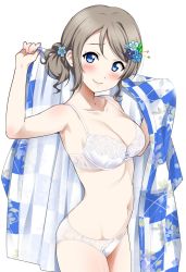 Rule 34 | 10s, 1girl, alternate hairstyle, blue eyes, bra, breasts, cleavage, closed mouth, collarbone, cowboy shot, flower, hair bun, hair flower, hair ornament, highres, japanese clothes, kimono, light brown hair, looking at viewer, love live!, love live! sunshine!!, medium breasts, navel, off shoulder, one side up, panties, sankuro (agoitei), short hair, single side bun, smile, solo, swept bangs, thighs, underwear, underwear only, watanabe you, white bra, white panties, yukata