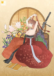 Rule 34 | alternate costume, anti-materiel rifle, black ribbon, blast compensator, bolt-action rifle, bolt action, breasts, brown hair, bullpup, cleavage, compensator, dress, dsr-50, dsr-50 (girls&#039; frontline), flower, girls&#039; frontline, gun, large breasts, long hair, long skirt, looking at viewer, muzzle device, neck ribbon, red dress, red eyes, red ribbon, red skirt, ribbon, rifle, skirt, sniper rifle, solo, suppressor, traditional clothes, tying hair, vcntkm, weapon, white ribbon