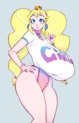 Rule 34 | 1girl, absurdres, alternate breast size, alternate hairstyle, bimbo peach, blonde hair, blue eyes, borrowed design, breasts, collar, crown, earrings, grey background, hand on own hip, highres, huge breasts, jewelry, leotard, long hair, looking at viewer, mahmapuu, mario (series), nintendo, pink nails, princess peach, sagging breasts, shirt, simple background, smile, solo, standing, twintails, white shirt