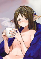 Rule 34 | 1girl, animal ears, arknights, blanket, blush, breasts, bright pupils, brown eyes, brown hair, chocolatice, closed mouth, collarbone, completely nude, convenient arm, convenient censoring, cup, fox ears, gradient background, grey background, highres, holding, holding cup, large breasts, looking at viewer, navel, nude, perfumer (arknights), short hair, short ponytail, sitting, smile, solo, steam, swept bangs, upper body