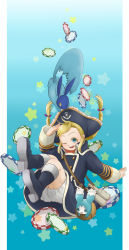 Rule 34 | 00s, 1girl, aqua background, bad id, bad pixiv id, binoculars, blonde hair, blue eyes, blue footwear, boots, braid, child, falling, hat, knee boots, long hair, mieu (tales), one eye closed, patty fleur, pirate hat, poker chip, quickie (tales), smile, solo, star (symbol), tales of (series), tales of eternia, tales of the abyss, tales of vesperia, twin braids, twintails, wink, yasuu!, yasuu (pixiv)