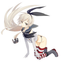 Rule 34 | 10s, 1girl, anchor, ass, bad id, bad pixiv id, black panties, blonde hair, elbow gloves, gloves, harano, kantai collection, long hair, looking at viewer, panties, shimakaze (kancolle), simple background, solo, striped clothes, striped thighhighs, thighhighs, thong, underwear, very long hair, white background, white gloves