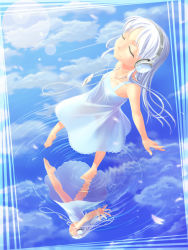 Rule 34 | 1girl, barefoot, cloud, contrail, day, digital media player, dress, closed eyes, headphones, lens flare, long hair, man (trance), original, petals, reflection, reflective water, ripples, see-through, sky, solo, standing, standing on liquid, sundress, water, white dress, white hair