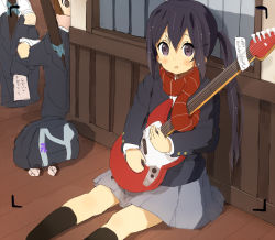 Rule 34 | 2girls, bag, black hair, brown eyes, guitar, instrument, k-on!, long hair, md5 mismatch, multiple girls, nakano azusa, nasuna, resolution mismatch, scarf, school uniform, solo focus, source larger, striped clothes, striped scarf, twintails