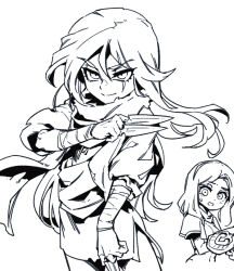 Rule 34 | 2girls, alternate costume, bandaged arm, bandages, cowboy shot, cropped torso, greyscale, katarina (league of legends), league of legends, long hair, long sleeves, looking at another, lux (league of legends), monochrome, multiple girls, phantom ix row, scar, scar across eye, scarf, simple background, smile, torn clothes, torn scarf, white background