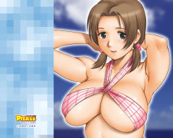 Rule 34 | 1girl, action pizazz, armpits, arms up, breasts, brown hair, cleavage, hair bobbles, hair ornament, huge breasts, large breasts, official art, official wallpaper, pixelated, saigado, short twintails, solo, twintails, wallpaper