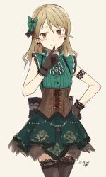 Rule 34 | 1girl, 3:, artist name, black gloves, blush, brown eyes, brown hair, closed mouth, corset, cowboy shot, dated, finger to mouth, gloves, green skirt, grey background, hand on own hip, idolmaster, idolmaster cinderella girls, jitome, kawashina (momen silicon), lace trim, looking at viewer, morikubo nono, short sleeves, signature, simple background, skirt, solo, thighhighs