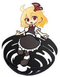 Rule 34 | 1girl, ahoge, ascot, black footwear, black skirt, black vest, blonde hair, collared shirt, darkness, floating, frilled skirt, frills, hair ribbon, looking at viewer, medium hair, necktie, open mouth, outstretched arms, puyopuyo, red ascot, red eyes, red necktie, red ribbon, ribbon, rumia, shinmon akika, shirt, simple background, skirt, skirt set, solo, spread arms, touhou, vest, white background, white shirt