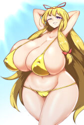 Rule 34 | 1girl, armpits, arms behind head, bikini, breasts, cameltoe, cleavage, covered erect nipples, curvy, gold bikini, highres, huge breasts, legs, long hair, looking at viewer, navel, one eye closed, parted lips, purple eyes, smile, solo, thick thighs, thighs, touhou, very long hair, wide hips, wink, yakumo yukari