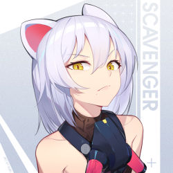 Rule 34 | 1girl, animal ears, arknights, bare shoulders, character name, chinese commentary, commentary request, grey background, hair between eyes, looking at viewer, mask, mask around neck, mole, mole under mouth, mouse ears, nian (zhanian), scavenger (arknights), short hair, silver hair, sleeveless, solo, upper body, v-shaped eyebrows, yellow eyes