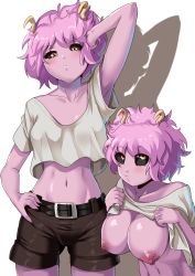 Rule 34 | 10s, 1girl, arm up, ashido mina, black sclera, boku no hero academia, breasts, clothes lift, collarbone, colored sclera, colored skin, cowboy shot, flashing, hand on head, hand on own hip, highres, horns, large breasts, looking at viewer, looking up, messy hair, midriff, multiple views, navel, nico-mo, nipples, no bra, parted lips, pink hair, pink skin, shirt, shirt lift, short hair, short sleeves, shorts, simple background, thighs, upper body, white background, white shirt, yellow eyes