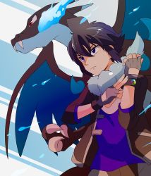 Rule 34 | 1boy, alain (pokemon), bad id, bad twitter id, black hair, breath weapon, charizard, closed mouth, commentary request, creatures (company), fingerless gloves, game freak, gen 1 pokemon, gloves, grey gloves, grey scarf, hair between eyes, hands up, jacket, male focus, mega charizard x, mega pokemon, nintendo, one-hour drawing challenge, open clothes, open jacket, pokemon, pokemon (anime), pokemon (creature), pokemon xy (anime), popcorn 91, purple shirt, scarf, shirt, sleeves past elbows