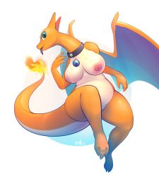 Rule 34 | 1girl, absurdres, animal feet, aqua eyes, artist name, b-epon, bad id, bad tumblr id, barefoot, belly, breasts, charizard, closed mouth, collar, colored skin, completely nude, creatures (company), dated, dragon girl, feet, female focus, fire, furry, furry female, game freak, gen 1 pokemon, hand up, happy, highres, horns, invisible chair, large breasts, leg up, looking at viewer, mega stone, mole, multicolored skin, nintendo, nipples, nude, orange skin, personification, plump, pokemon, pokemon (creature), shiny skin, signature, simple background, sitting, smile, solo, tail, thick thighs, thighs, tongue, tongue out, two-tone skin, white background, white skin, wide hips, wings