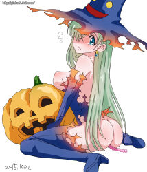 Rule 34 | 10s, 1girl, anal, anal beads, anal object insertion, ass, blue eyes, blue footwear, blue thighhighs, blush, boots, breasts, butt crack, dated, earrings, elizabeth liones, female focus, functionally nude, ginko (silver fox), hair over one eye, halloween, hat, high heel boots, high heels, jack-o&#039;-lantern, jewelry, long hair, looking at viewer, nanatsu no taizai, nipples, object insertion, sex toy, shoes, short hair, silver hair, simple background, sitting, solo, sweatdrop, tears, thigh boots, thighhighs, torn clothes, wariza, watermark, web address, white background, witch hat