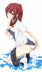 Rule 34 | 10s, 1girl, ass, bad id, bad twitter id, blush, bow, bowtie, breasts, butt crack, cleavage, cleavage reach, clothes pull, competition school swimsuit, competition swimsuit, free!, jpeg artifacts, kneeling, long hair, matsuoka gou, nipples, odaodaoaoda, one-piece swimsuit, one-piece swimsuit pull, open clothes, ponytail, red eyes, red hair, school swimsuit, school uniform, skirt, skirt around one leg, socks, solo, swimsuit, swimsuit under clothes, undressing