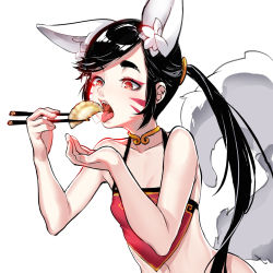 Rule 34 | 1girl, animal ear fluff, animal ears, black hair, breasts, chinese clothes, chopsticks, dudou, dumpling, eating, facial mark, food, fox ears, fox girl, fox tail, hands up, hu-er (robot cat), long hair, navel, open mouth, original, ponytail, red eyes, robot cat (robotcatart), shadow, simple background, small breasts, solo, swept bangs, tail, tongue, tongue out, upper body, whisker markings, white background