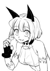 Rule 34 | 1girl, animal ears, bell, breasts, cat ears, chichibu (watson), collar, crop top, eyelashes, greyscale, looking at viewer, midriff, monochrome, ms. fortune (skullgirls), neck bell, short hair, sketch, skullgirls, solo, surprised, underboob