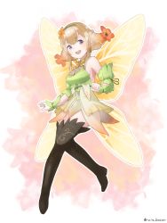 Rule 34 | 1girl, black footwear, blonde hair, boots, dress, fairy wings, fire emblem, fire emblem heroes, flower, full body, gradient hair, hair flower, hair ornament, hairband, highres, multicolored hair, nintendo, open mouth, orange hair, peony (fire emblem), pointy ears, purple eyes, ruis bacon, short dress, sleeveless, solo, thigh boots, thighhighs, twintails, twitter username, wings, zettai ryouiki