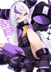 Rule 34 | 1girl, absurdres, ahoge, braid, collar, fallen down, grey hair, highres, hololive, horns, la+ darknesss, long hair, metal collar, pointy ears, roller skates, single thighhigh, skates, sleeves past fingers, sleeves past wrists, tears, thighhighs, torn clothes, torn thighhighs, virtual youtuber, yellow eyes, zelitto