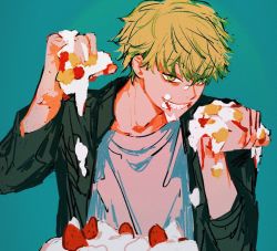 Rule 34 | 1boy, blonde hair, cake, chainsaw man, denji (chainsaw man), food, food on face, food on hand, fruit, green background, highres, icing, jacket, looking at food, looking at object, looking at viewer, messy, pecopecosupipi, sharp teeth, shirt, short hair, simple background, smile, solo, spiked hair, strawberry, strawberry shortcake, teeth, white shirt, yellow eyes