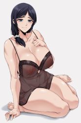 Rule 34 | absurdres, arm support, black hair, blue eyes, breasts, cleavage, highres, large breasts, lingerie, mature female, mole, mole under eye, negligee, original, parted bangs, scrunchie, see-through, seiza, side ponytail, sitting, smile, solo, underwear, yugo (yugotme97)