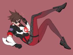 Rule 34 | 1girl, alternate color, alternate eye color, bad id, bad twitter id, black gloves, black jacket, bodysuit, bomber jacket, breasts, brown hair, chest harness, choker, cross-laced clothes, cross-laced legwear, dark persona, female focus, full body, glasses, gloves, hand up, harness, jacket, knee up, leather, leather jacket, leg up, looking at viewer, neosnim, overwatch, overwatch 1, pants, red background, red eyes, salute, short hair, short sleeves, simple background, sleeves rolled up, smile, solo, spiked hair, strap, sunglasses, thigh strap, tight clothes, tight pants, tracer (overwatch), two-finger salute, union jack, vambraces