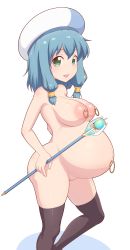 Rule 34 | 1girl, akai (riaakai), black thighhighs, blue eyes, blue hair, blush, breasts, endro!, groin, hat, highres, large areolae, large breasts, looking at viewer, looking to the side, meiza endust, navel, navel piercing, nipple piercing, nipples, nude, open mouth, piercing, pregnant, sagging breasts, shadow, shiny skin, short hair, simple background, solo, staff, standing, thighhighs, white background