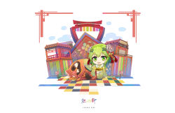 Rule 34 | &gt; &lt;, 1girl, :d, animal, blue flower, blue footwear, blush, boar, bobo (6630978), carrot, chibi, commentary request, closed eyes, floral print, flower, green eyes, green hair, green kimono, gumi, hair flower, hair ornament, japanese clothes, kimono, long sleeves, obi, open mouth, print kimono, round teeth, sash, sleeves past wrists, smile, solo, standing, teeth, upper teeth only, vocaloid, white background, wide sleeves