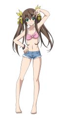 Rule 34 | 10s, 1girl, armpits, bikini, bikini top only, breasts, brown hair, cleavage, denim, denim shorts, full body, green eyes, hair ribbon, highres, huang lingyin, infinite stratos, long hair, looking at viewer, navel, pink bikini, ribbon, short shorts, shorts, small breasts, smile, solo, swimsuit, transparent background, twintails, v, yellow ribbon